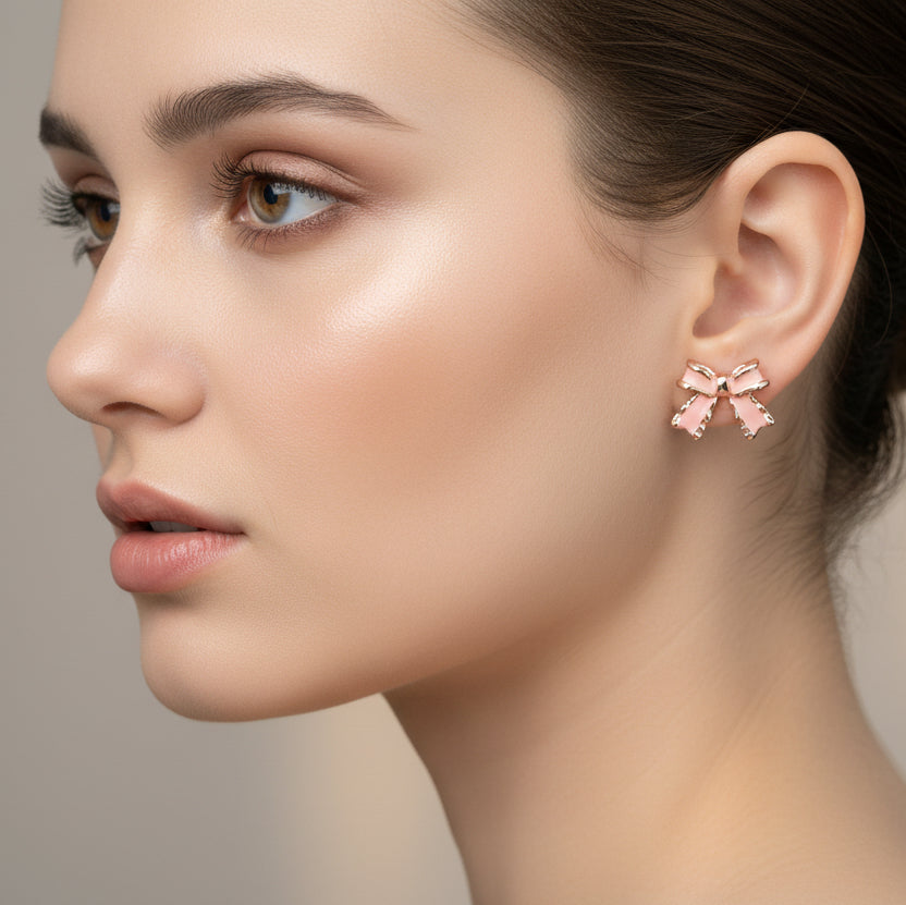 Rose Gold & Peach Pink Enamel Bow Stud Earrings – Cute Coquette Style