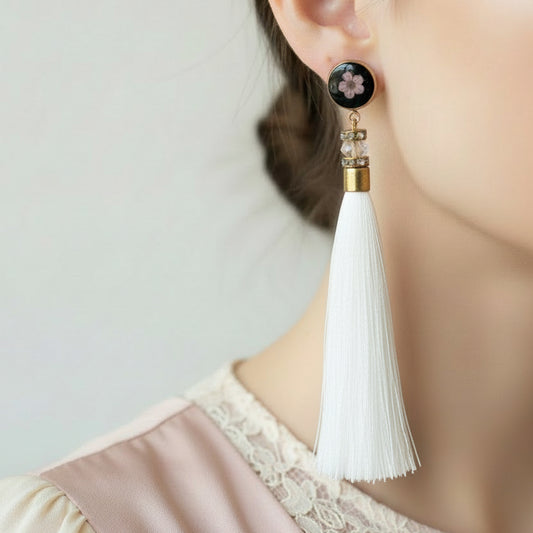 Artisanal White Long Tassel Drop Earrings with Floral Resin Accents