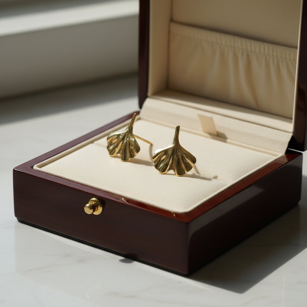 Golden Ginkgo Leaf Stud Earrings