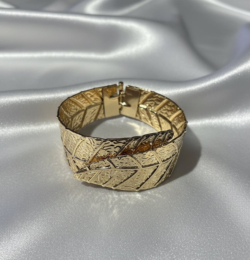 Textured Wide Gold Cuff Bracelet - Etched Botanical/Foliage Design - Secure Clasp