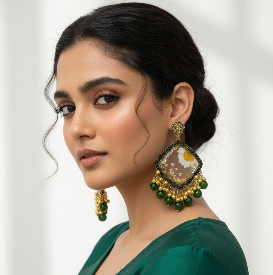 Regal Green Bead & Golden Ghungroo Traditional Jhumka Earrings