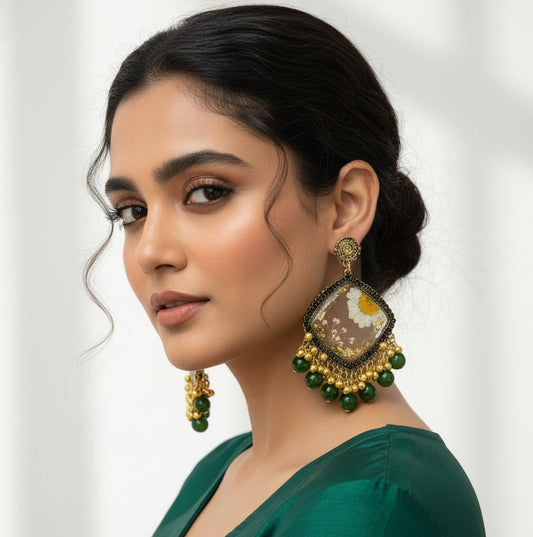 Regal Green Bead & Golden Ghungroo Traditional Jhumka Earrings