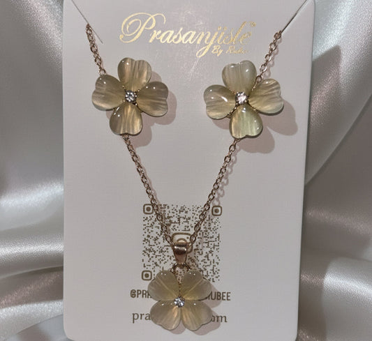 Rose Gold-Toned Translucent Floral Necklace and Stud Earring Set