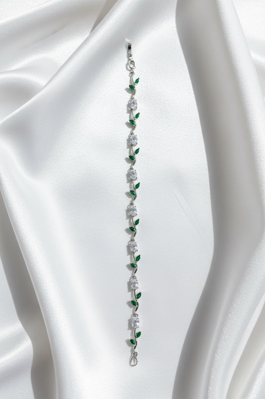 Emerald Green Vine Leaf Tennis Bracelet – Silver Finish Nature-Inspired Jewelry