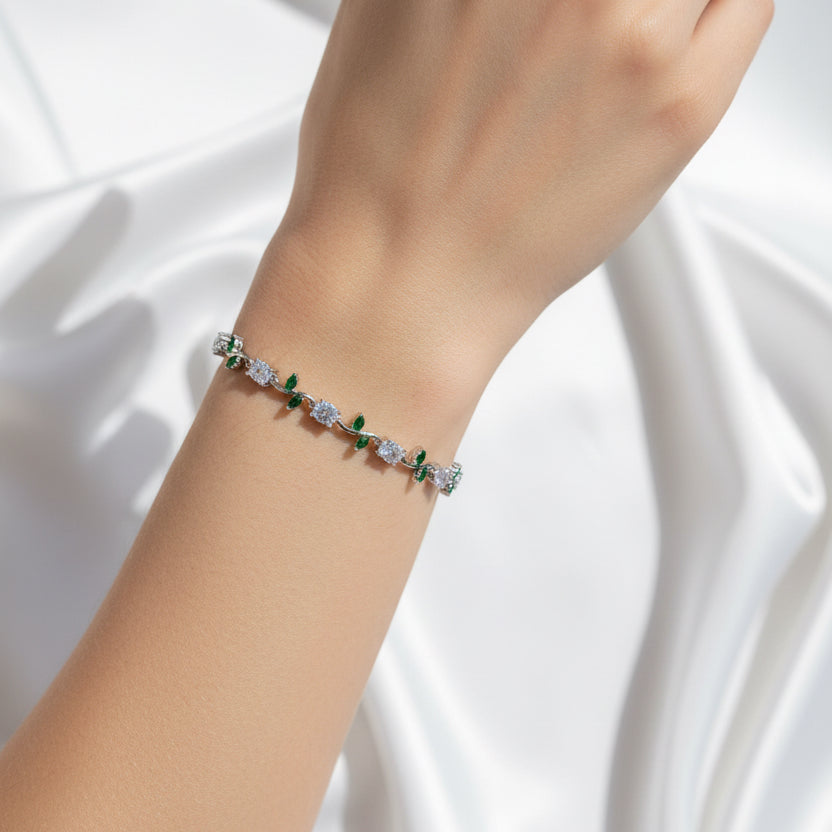 Emerald Green Vine Leaf Tennis Bracelet – Silver Finish Nature-Inspired Jewelry