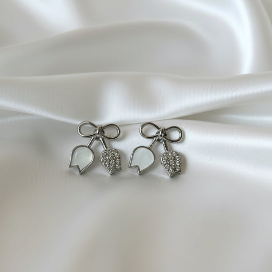 Sparkling Tulip Bow Stud Earrings – Silver Finish