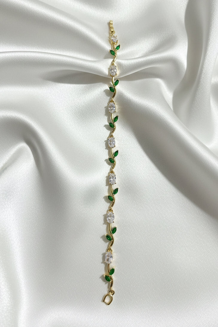 Emerald & Crystal Leaf Bracelet in Gold Finish