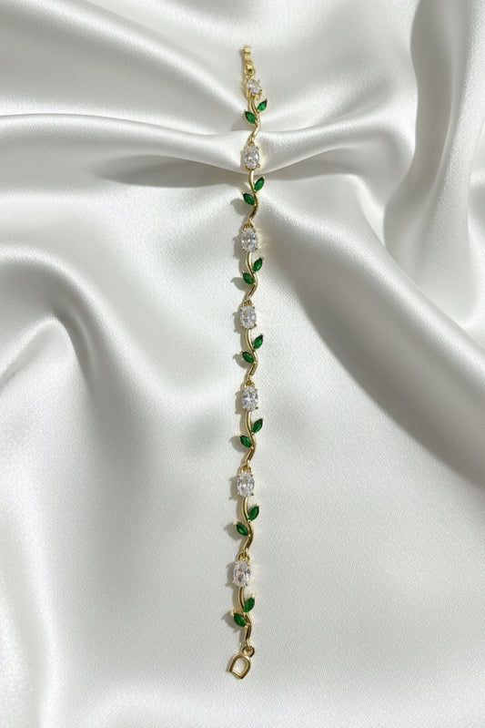 Emerald & Crystal Leaf Bracelet in Gold Finish