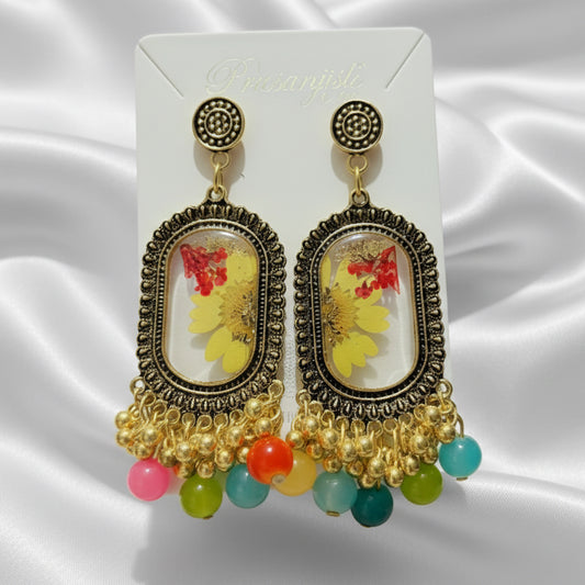 Bohemian Resin Flower Drop Earrings | Jhumka Style with Colorful Gemstone Drops