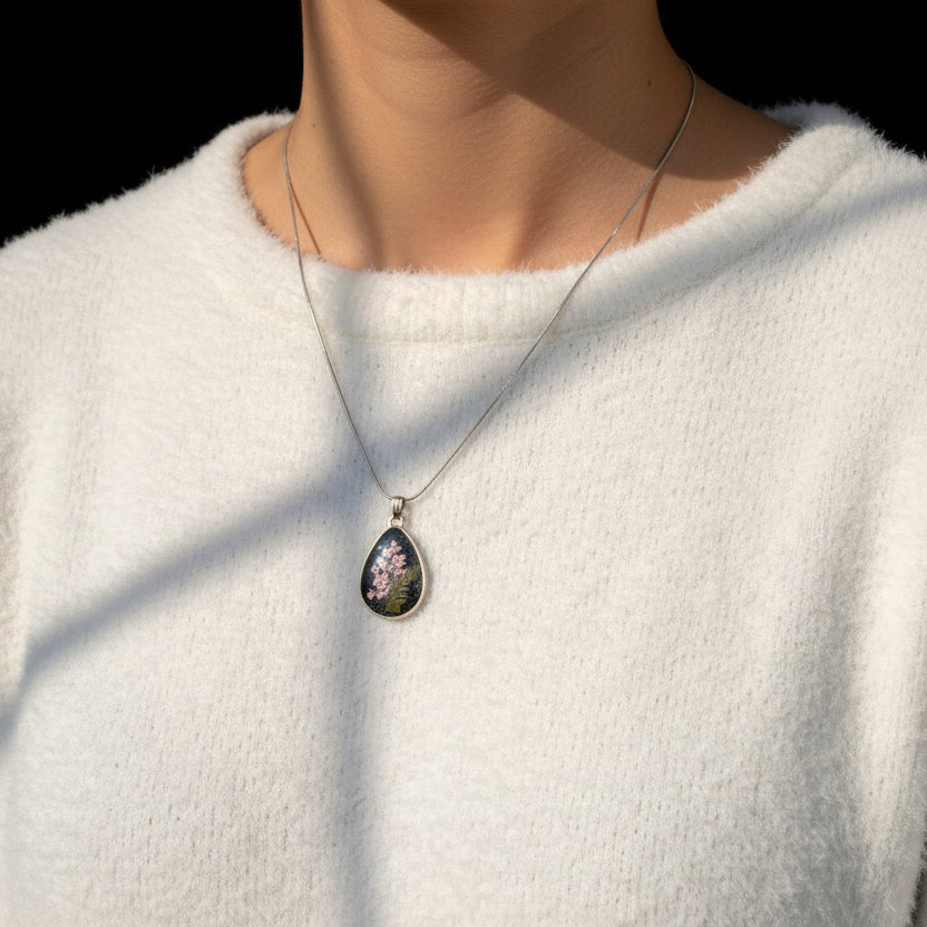 Real Pressed Flower Necklace - Pink & Black Teardrop Pendant