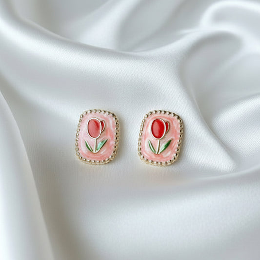 Vintage-Style Enamel Tulip Stud Earrings