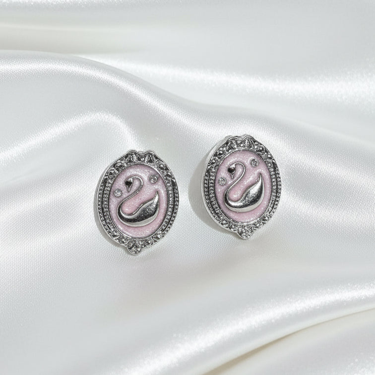 Korean Fashion Swan Motif Oval Studs with Crystal Halo