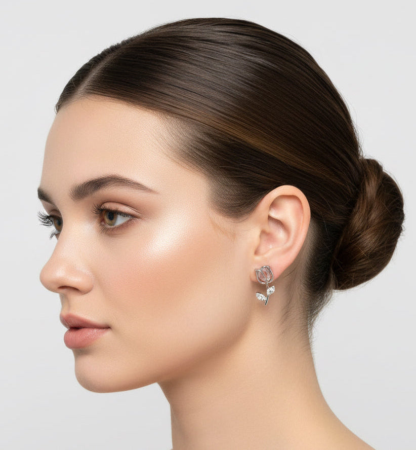Sterling Silver Tulip Stud Earrings with Zircon Accent