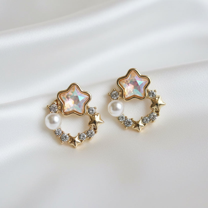 Y2K Fairy-core Star Hoop Studs | Pearl & Crystal Dainty Earrings