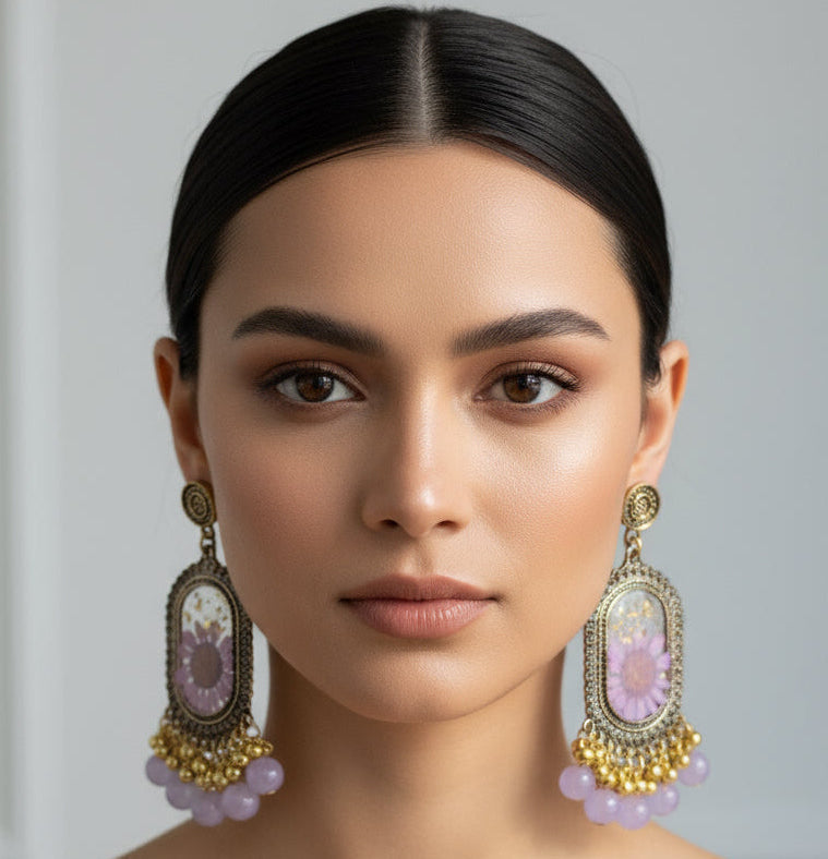 Boho Vintage Lilac Flower Resin Jhumka