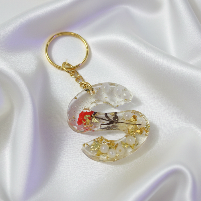 Handcrafted Resin Letter "R" Keychain with Red Rose and Gold foil– Personalized Romantic Gift