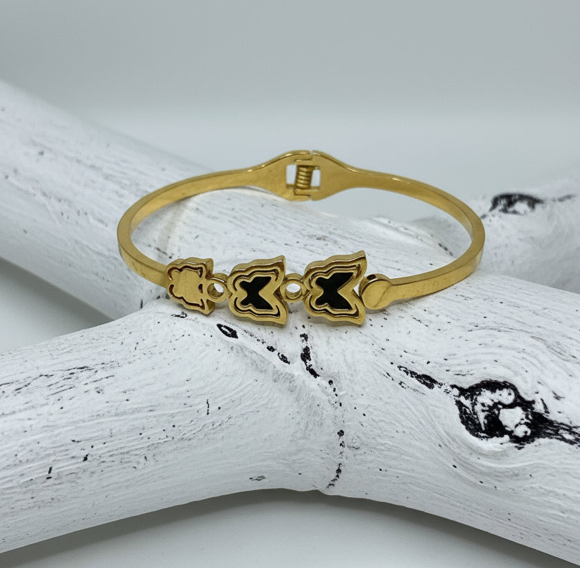 Luxury Gold-Tone Clover Bangle | Triple Charm Black Enamel Bracelet (free size)
