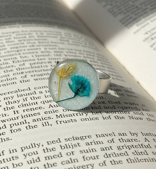 Pressed Flower Resin Ring - Teal & Yellow Blooms, Adjustable