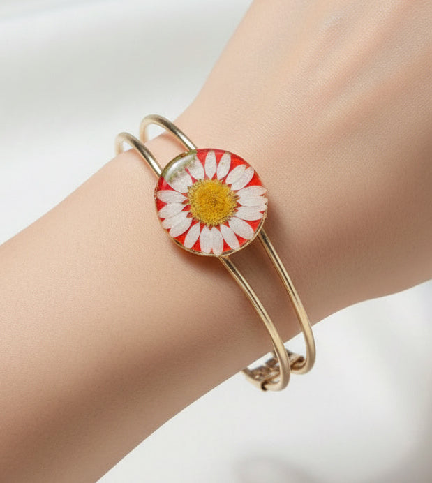 Real Flower Resin Bangle | Dainty Gold Cuff Bracelet | Unique Gift for Her