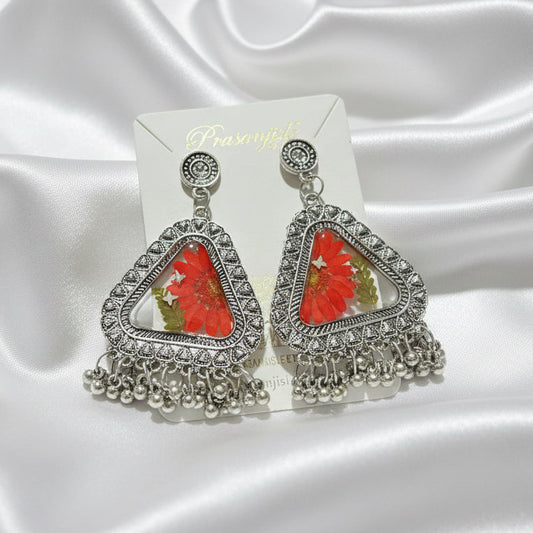Vintage-Inspired Silver Jhumka Earrings with Real Pressed Red Flowers