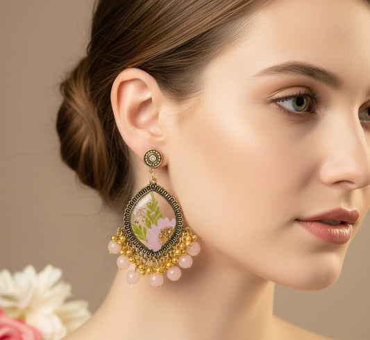 Real Flower Jhumka Earrings - Antique Gold Tone Dangle with Pink Bead Drops