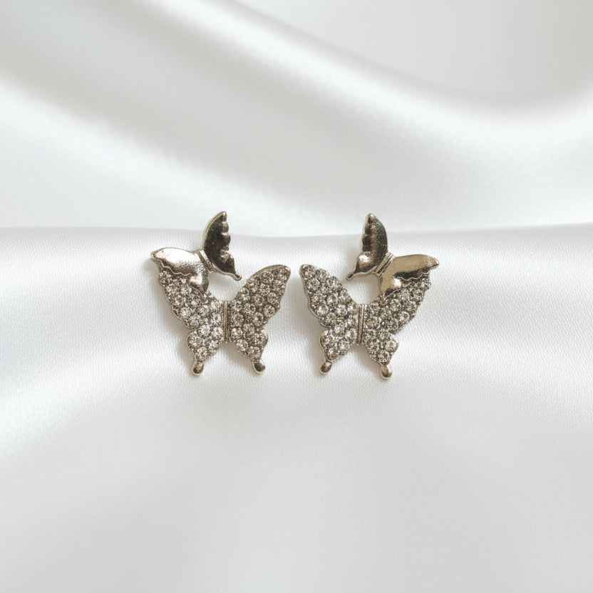 Sparkling Dual-Butterfly Stud Earrings – Silver-Tone Crystal Inlaid Layered Butterfly Jewelry