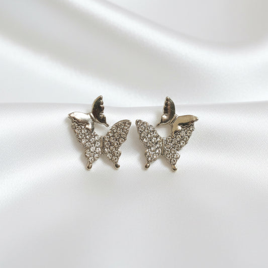 Sparkling Dual-Butterfly Stud Earrings – Silver-Tone Crystal Inlaid Layered Butterfly Jewelry