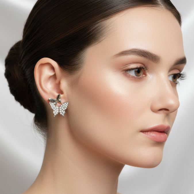 Sparkling Dual-Butterfly Stud Earrings – Silver-Tone Crystal Inlaid Layered Butterfly Jewelry