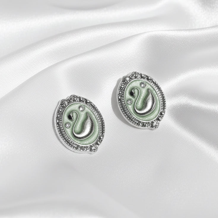 Korean Fashion Swan Motif Oval Studs with Crystal Halo