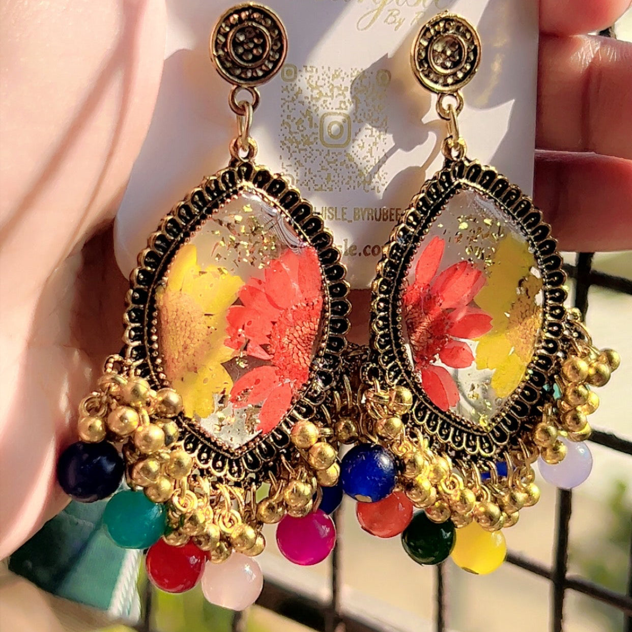 Handcrafted Boho Floral Drop Earrings – Antique Gold Finish with Rainbow Bead Accents