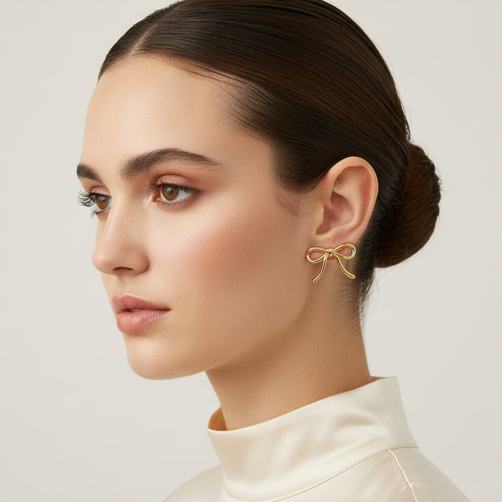 Minimalist High-Shine Gold Ribbon Bow Stud Earrings – Elegant Everyday Jewelry