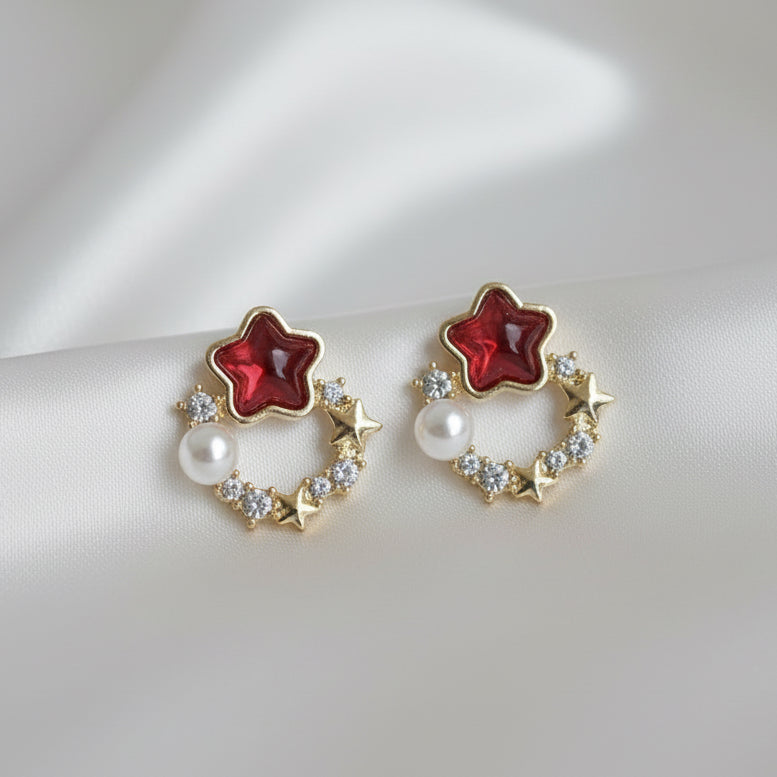 Y2K Fairy-core Star Hoop Studs | Pearl & Crystal Dainty Earrings