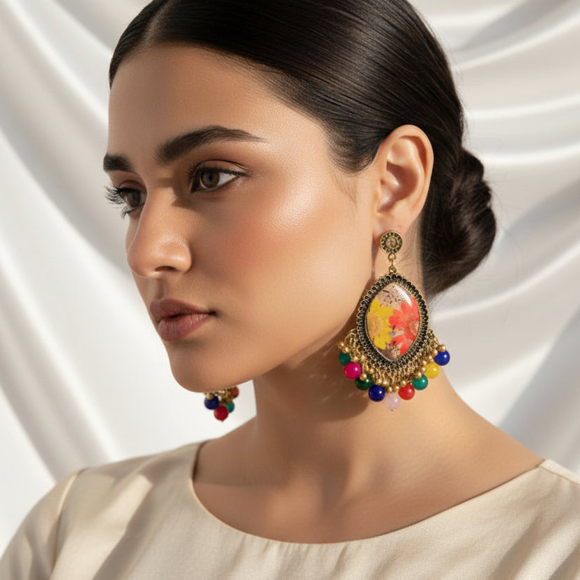 Handcrafted Boho Floral Drop Earrings – Antique Gold Finish with Rainbow Bead Accents