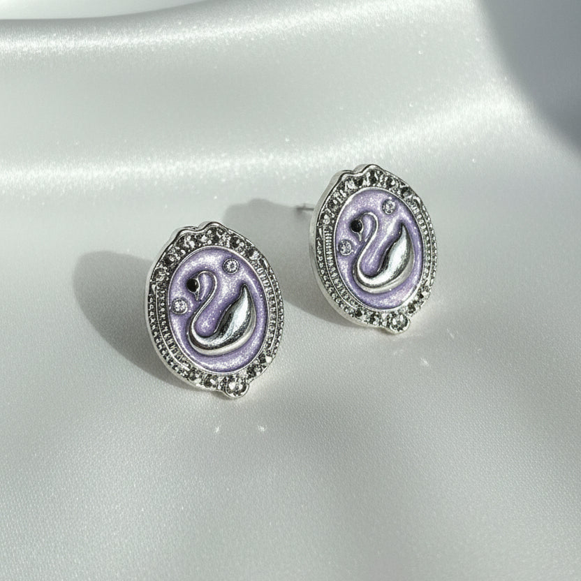 Korean Fashion Swan Motif Oval Studs with Crystal Halo