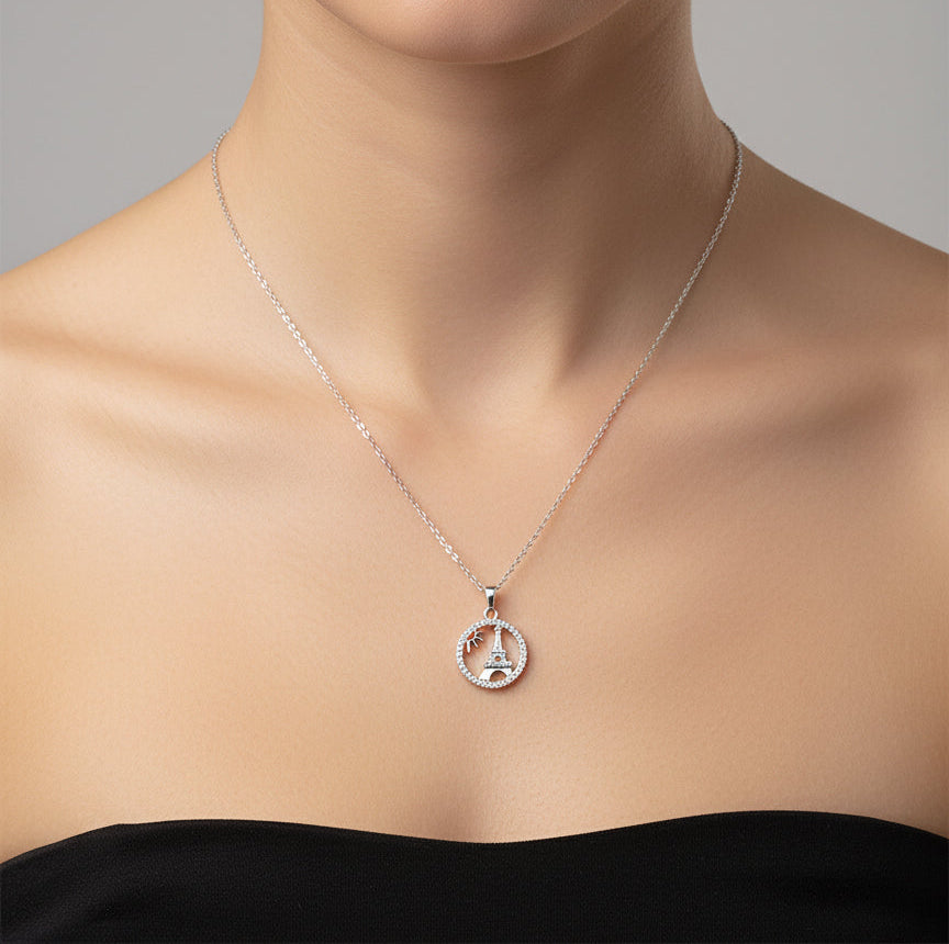 Paris Dreamer: Sparkling Eiffel Tower Pendant Necklace in Silver