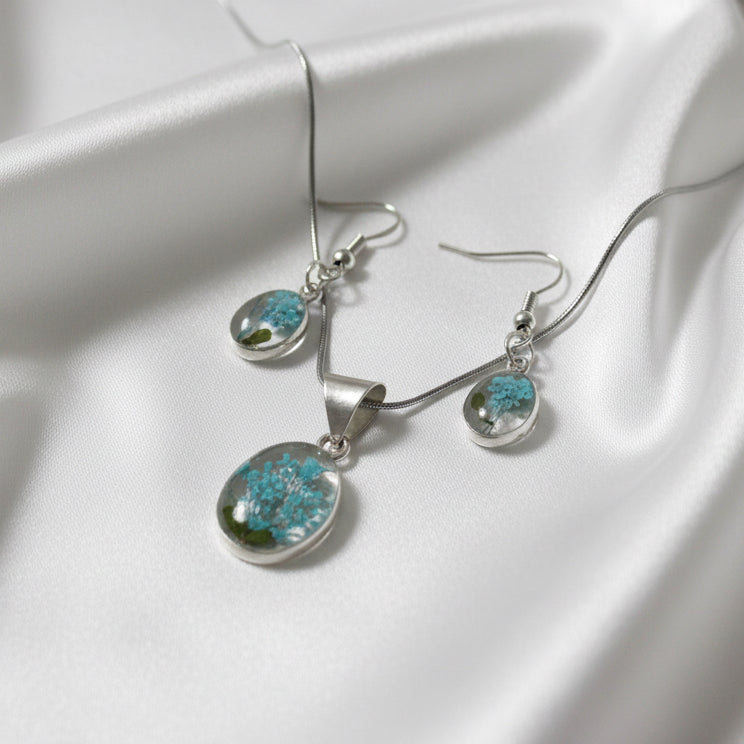 Handmade Resin Floral Jewelry Set - Blue Flowers - Silver