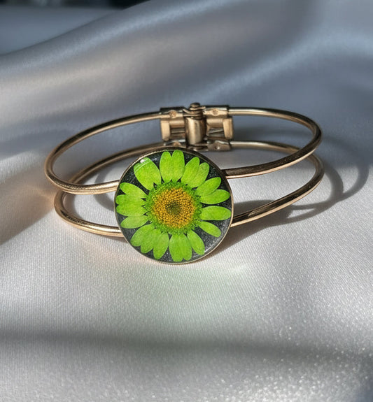 Vibrant Green Flower Resin & Gold Cuff Bracelet