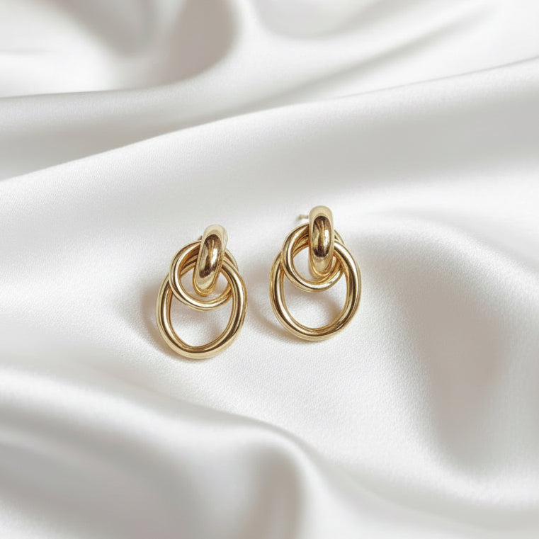 Interlocking Double Hoop Drop Earrings in Gold