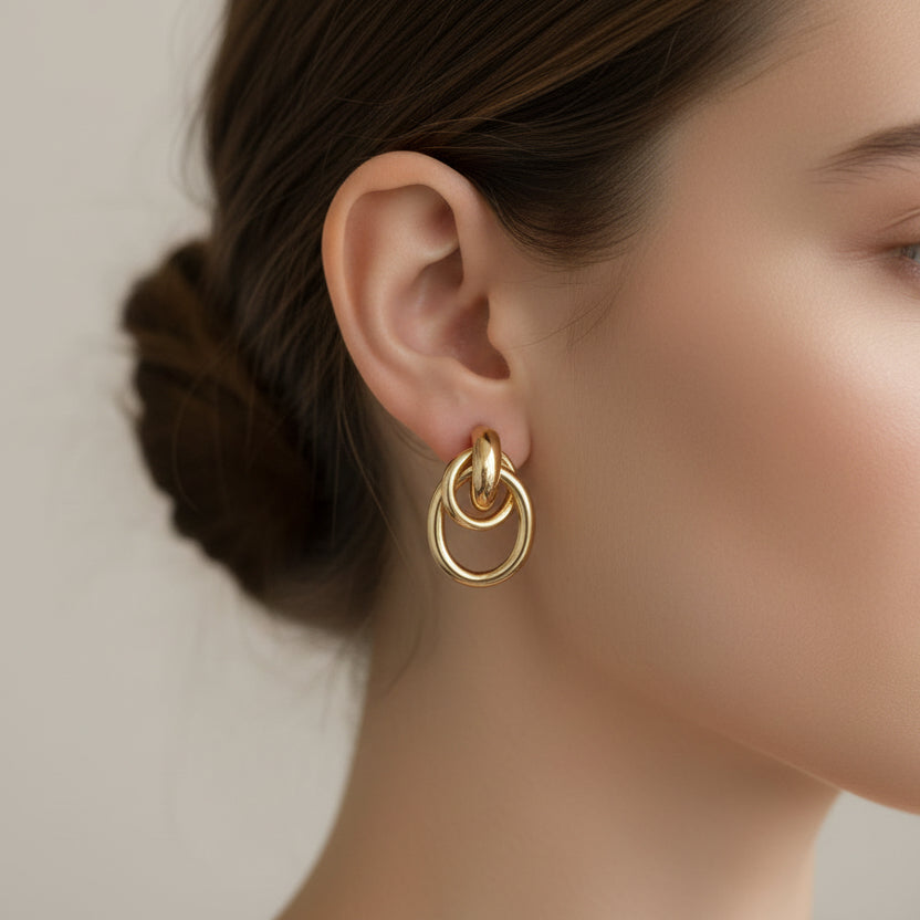 Interlocking Double Hoop Drop Earrings in Gold