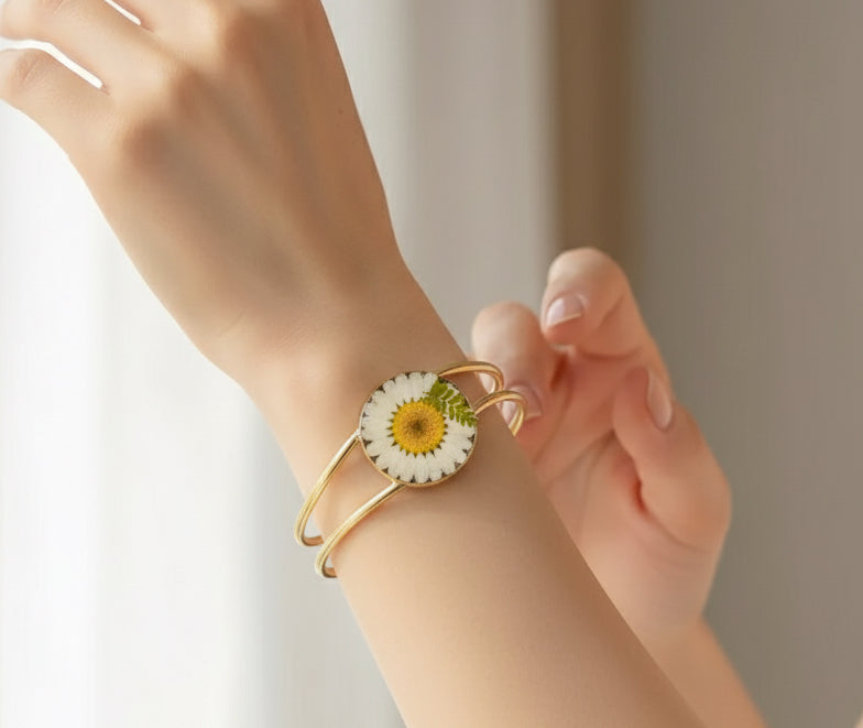 Real White Daisy & Fern Resin Bangle | Gold Statement Cuff