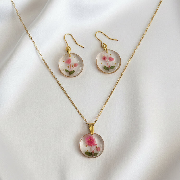 Handmade Real Pressed Flower Jewelry Set | Pink Floral Resin Necklace & Earrings | Romantic Gift for Her