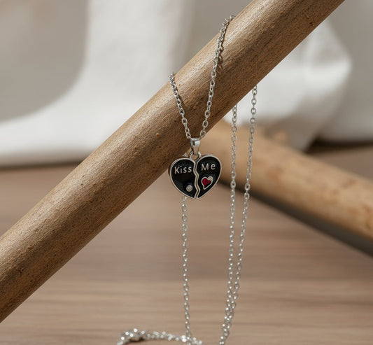 Black & Silver Heart Pendant Necklace with "Kiss Me"