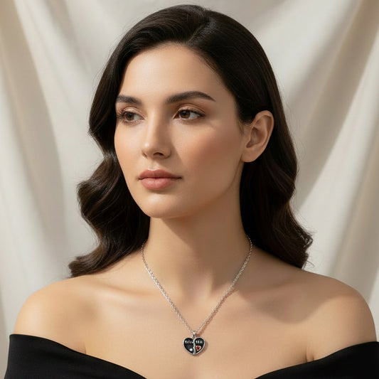 Black & Silver Heart Pendant Necklace with "Kiss Me"