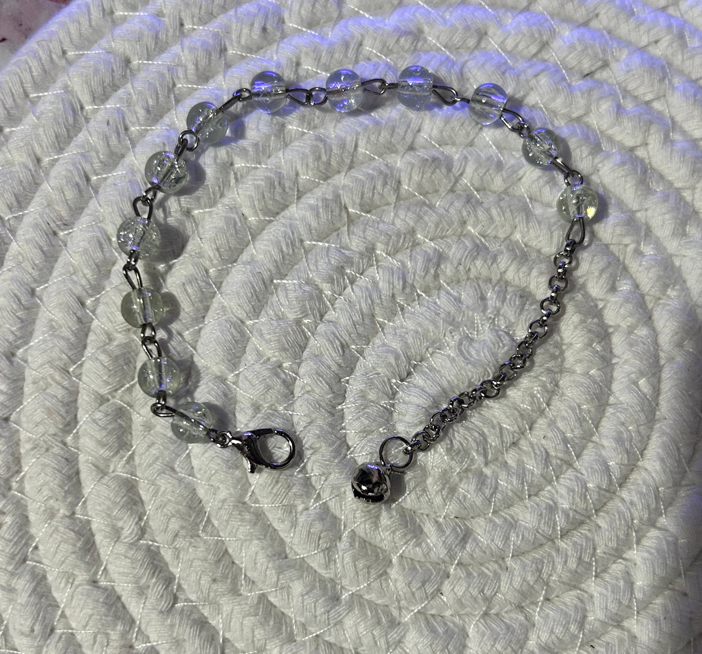 Pastel Beaded Bracelet with Silver Jingle Bell Charm - Adjustable Dangle Chain