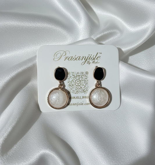 Elegant Black & White Dangle Earrings - Gold Tone Drop with Marbled Stone