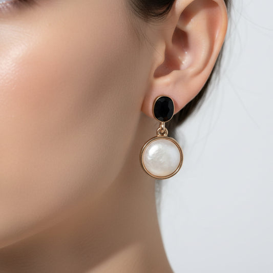 Elegant Black & White Dangle Earrings - Gold Tone Drop with Marbled Stone