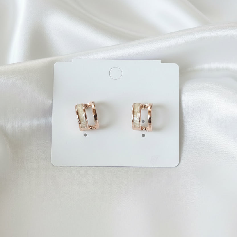 Rose Gold Dual-Band C-Hoop Earrings – Marble Inlay Geometric Studs
