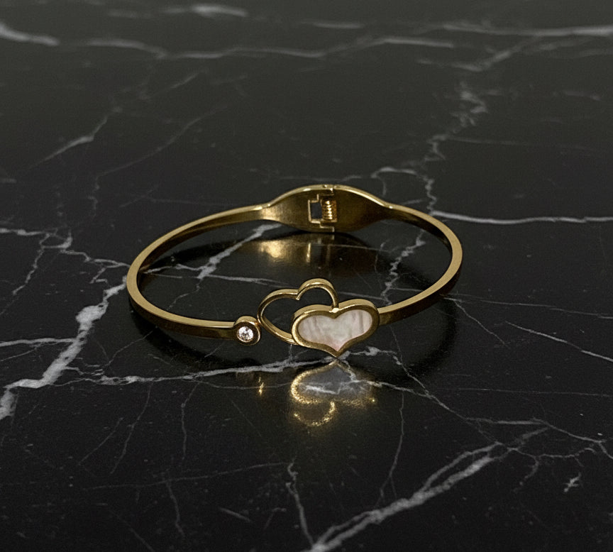 Mother of Pearl Double Heart Gold Bangle | CZ Accent Love Bracelet (free size)