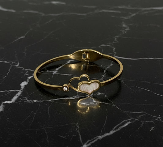 Mother of Pearl Double Heart Gold Bangle | CZ Accent Love Bracelet (free size)