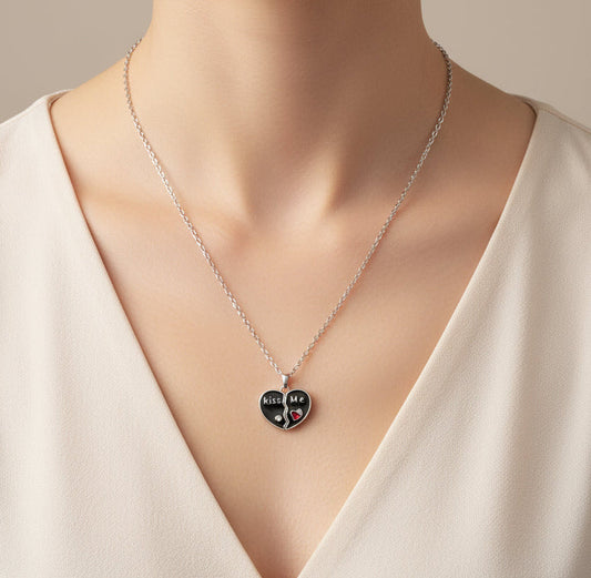 Black & Silver Heart Pendant Necklace with "Kiss Me"